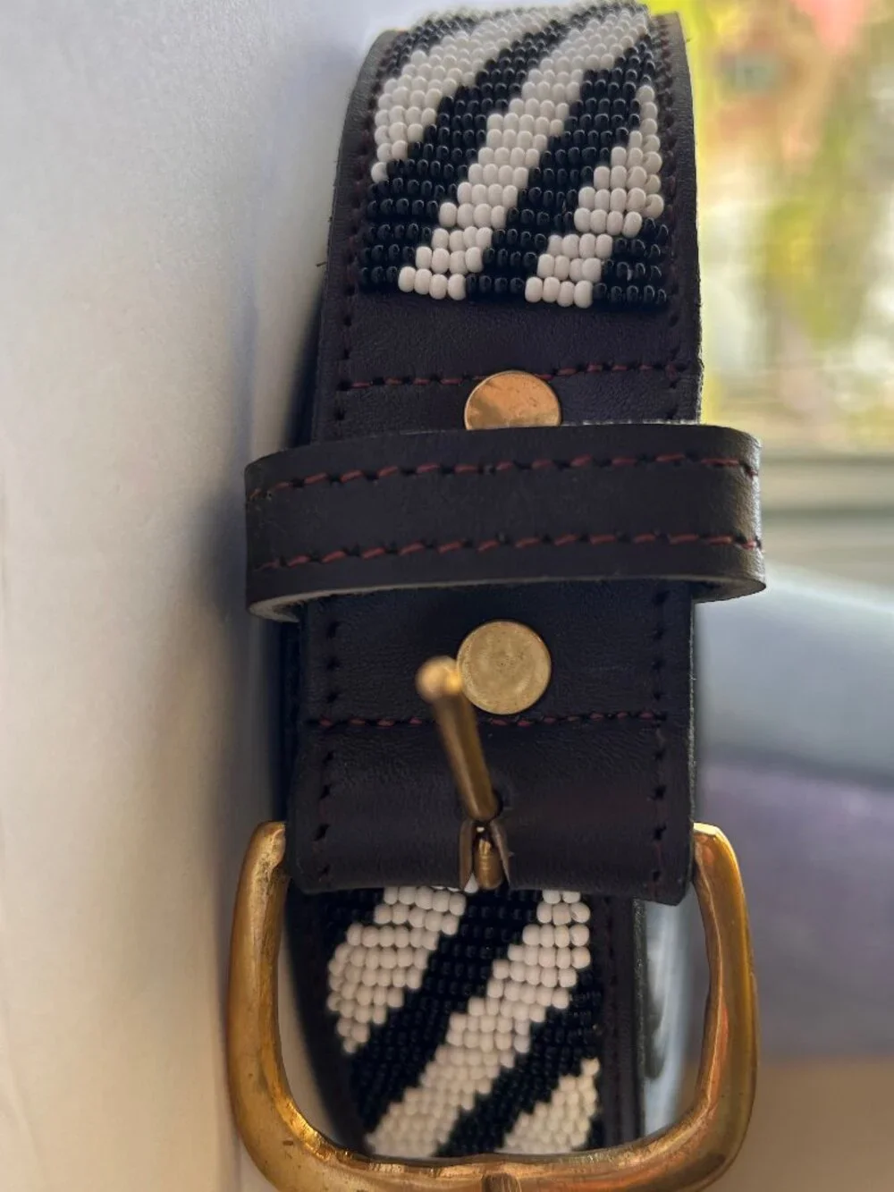 Beaded Zebra Print Brown Leather Belt 1.5